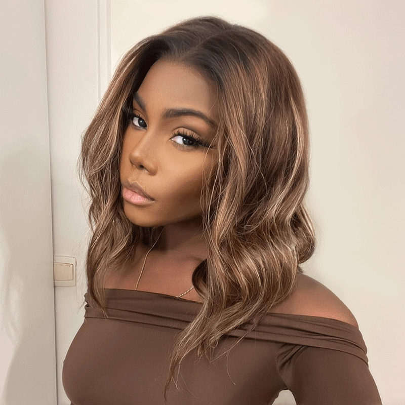 13x4 Glueless Highlights Dark Blonde Color Wig Wavy 100% Human Hair