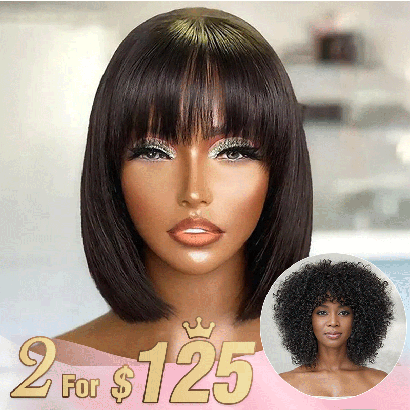 2 𝑭𝑶𝑹 $138🔥8&quot; Glueless Straight With Bangs Bob +8&quot;Glueless Curly Bob/10&quot;Glueless Curly With Bangs Bob Wig