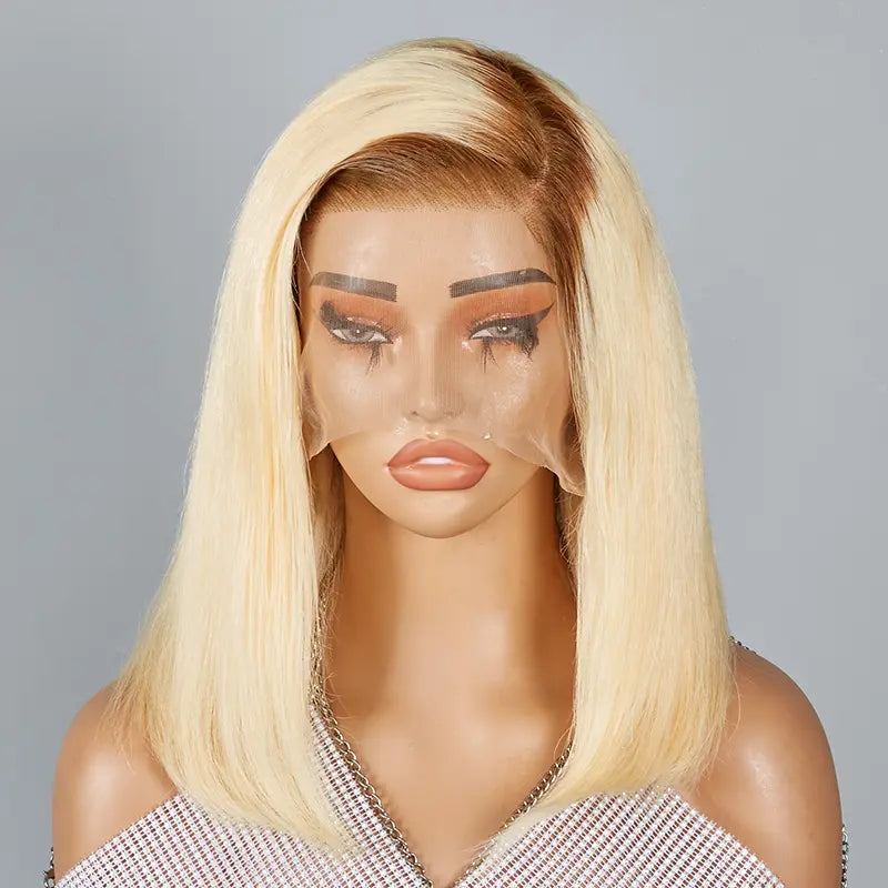13x4 C Part Bob Brown Mix Blonde Lace Frontal Wig Straight Human Hair