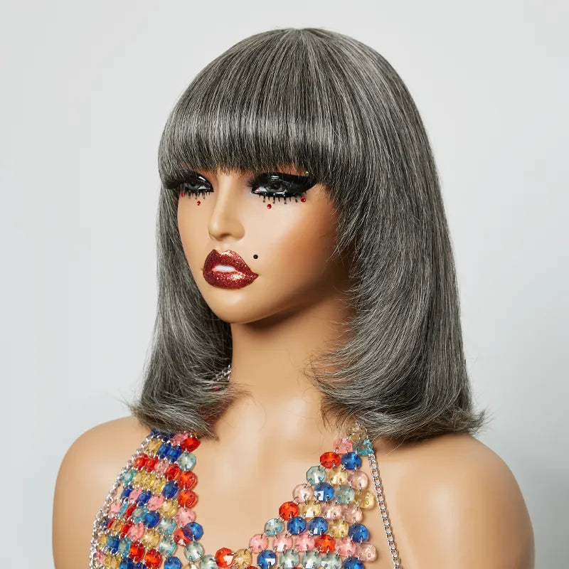 13x4 Glueless Layered Salt &amp; Pepper Color Bob Wig Straight