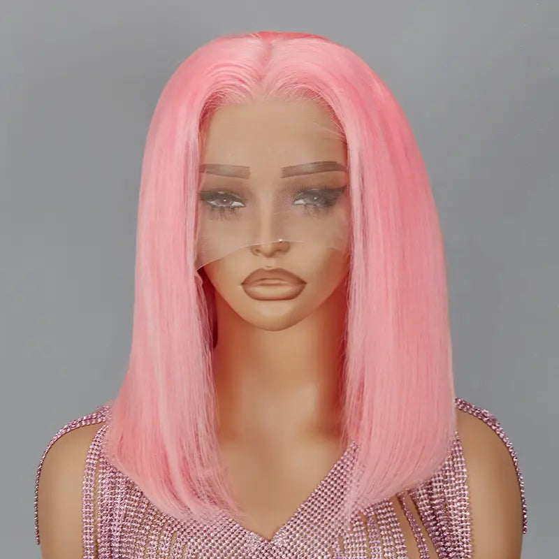 13x4 Pink Color Bob Wig Straight Lace Frontal Human Hair