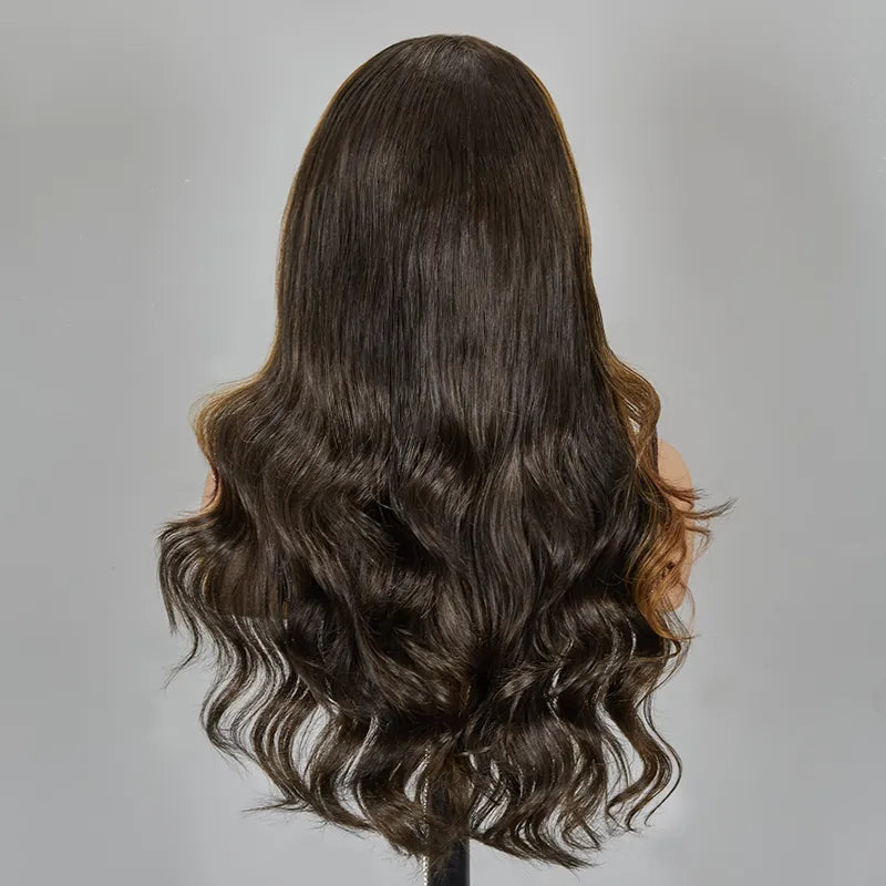 Glueless Brown Highlight Color Wig With Bangs Body Wave Frontal Wig