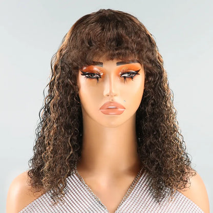 Glueless Highlight Bob Curly Wave Wig With Frizzy Bangs 3s Wear Go Human Hair