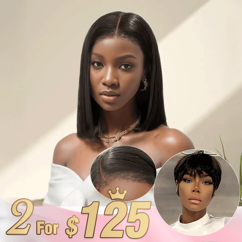 2 𝑭𝑶𝑹 $125🔥10&quot; 9x6 Glueless Straight 4C Edges Bob+Glueless Pixie Short Wig
