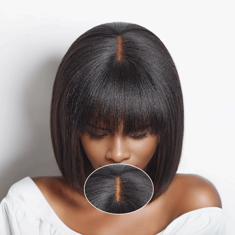 Glueless Yaki Straight Blunt Cut Bob with Bangs Wig Minimalist Lace Wig Beginner Friendly