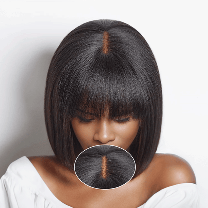 Glueless Yaki Straight Blunt Cut Bob with Bangs Wig Minimalist Lace Wig Beginner Friendly