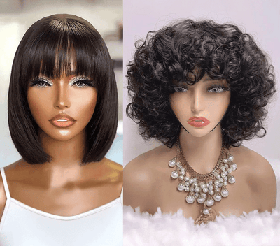 2 𝑭𝑶𝑹 $109🔥8"Straight With Bangs Bob+8"Silky Straight 2x6 Lace/Black Bouncy Curls/Afro Curl/Brown Bouncy Curls Wig