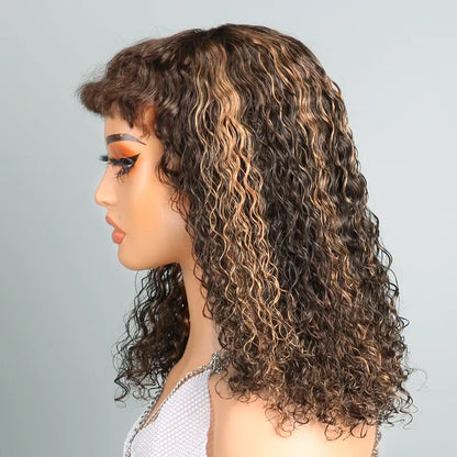 Glueless Highlight Bob Curly Wave Wig With Frizzy Bangs 3s Wear Go Human Hair