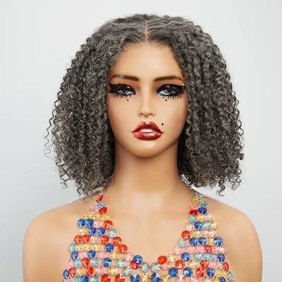 13x4 Glueless Elegant Kinky Curly Salt & Pepper Color Bob Wig