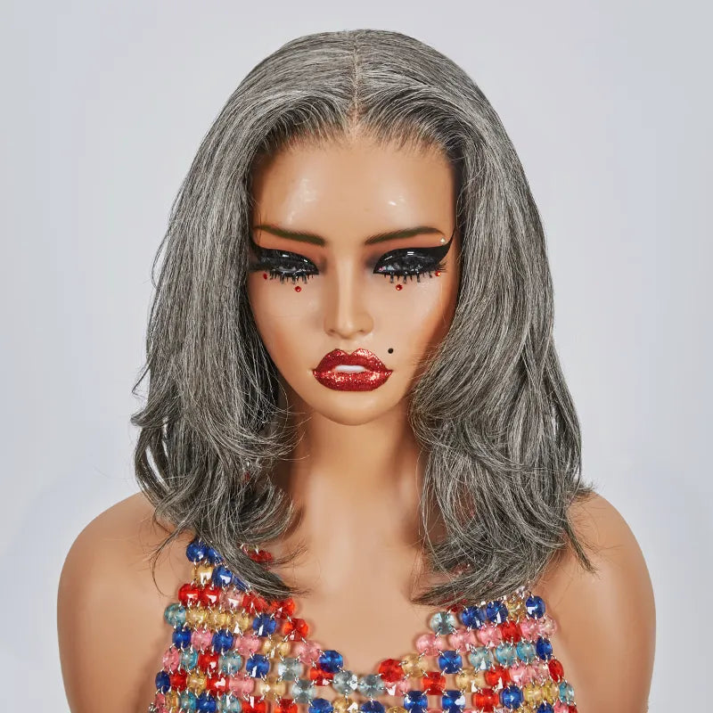 13x4 Glueless Layered Short Bob Salt &amp; Pepper Color Wig Wavy