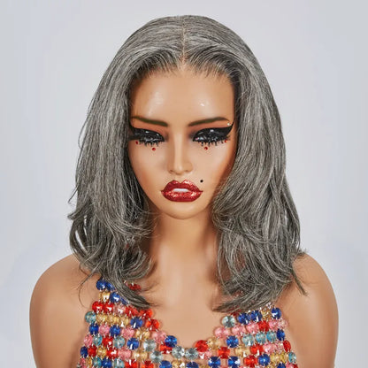 13x4 Glueless Layered Short Bob Salt &amp; Pepper Color Wig Wavy