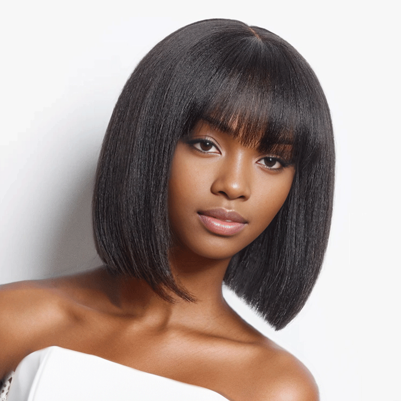 Glueless Yaki Straight Blunt Cut Bob with Bangs Wig Minimalist Lace Wig Beginner Friendly