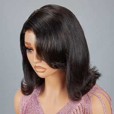 13x4 Glueless Cute Bob Layered Cut Wig Wear Go Wavy Human Hair