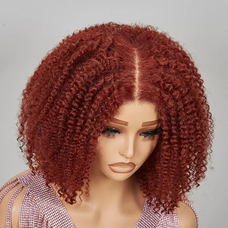 7x5 13x4 Glueless Bob Reddish Brown Pre-cut Lace Kinky Curly Wig