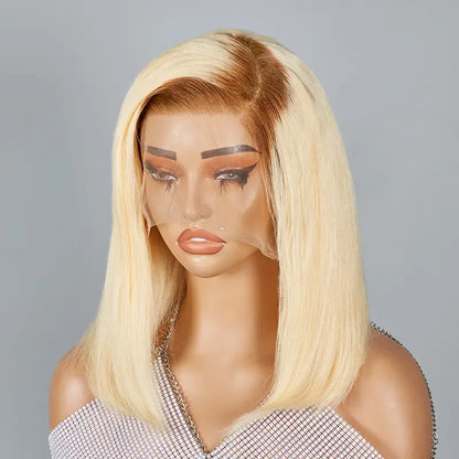 13x4 C Part Bob Brown Mix Blonde Lace Frontal Wig Straight Human Hair