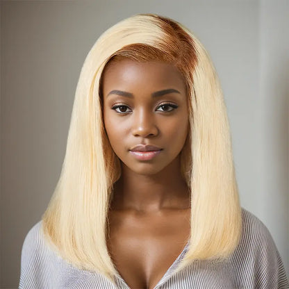 13x4 C Part Bob Brown Mix Blonde Lace Frontal Wig Straight Human Hair