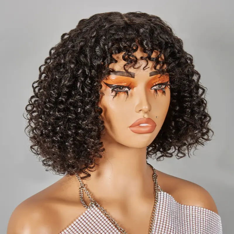 Glueless Bob Wig With Bouncy Bangs Water Curly Textured Human Hair