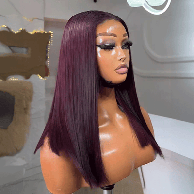 Dark Purple 5x5 Glueless Bob Wig Straight Silky Bleached Knots