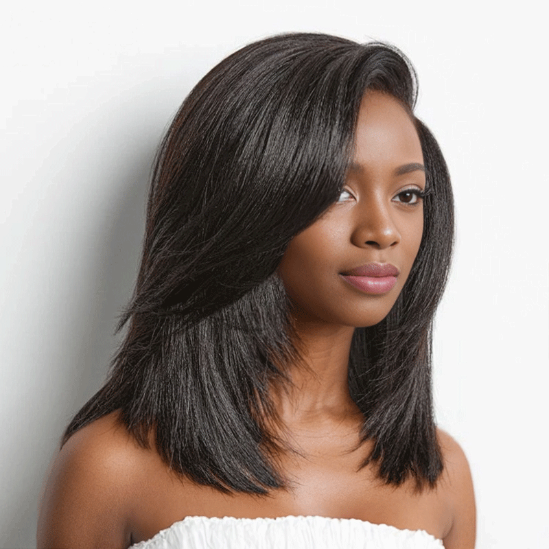 black woman wear 9x6 Glueless Layered Yaki Straight Bob Wig Wear Go For Beginners