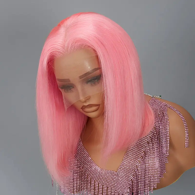 13x4 Pink Color Bob Wig Straight Lace Frontal Human Hair
