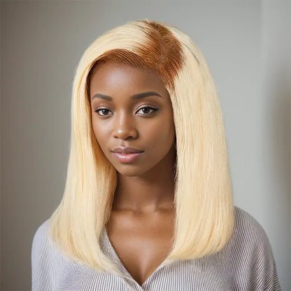 13x4 C Part Bob Brown Mix Blonde Lace Frontal Wig Straight Human Hair