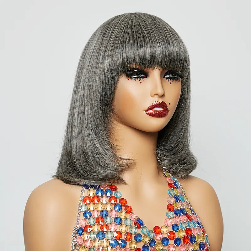 13x4 Glueless Layered Salt & Pepper Color Bob Wig Straight