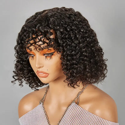 Glueless Bob Wig With Bouncy Bangs Water Curly Textured Human Hair