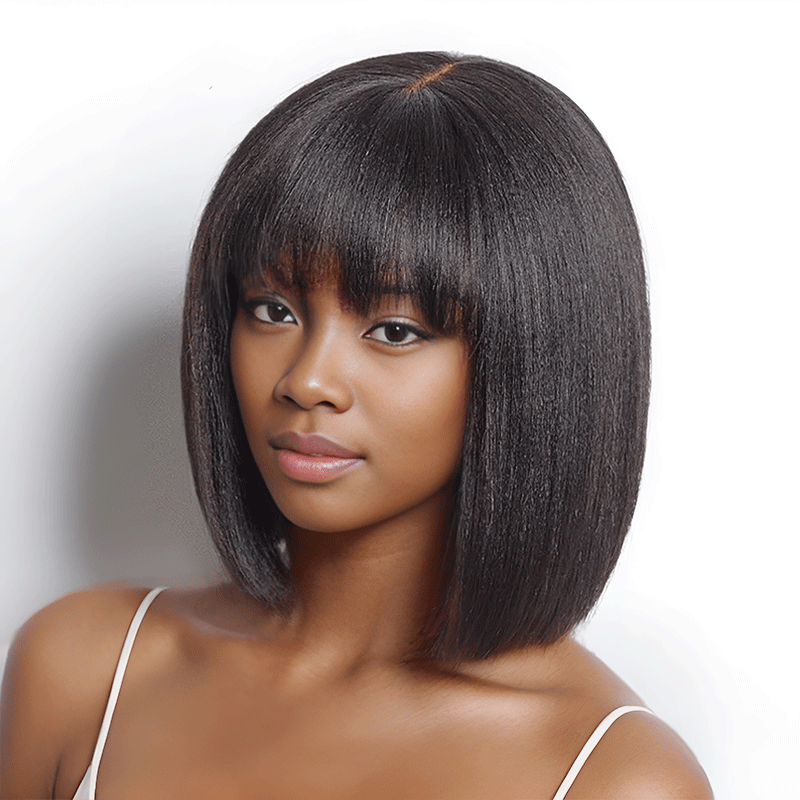 Glueless Yaki Straight Blunt Cut Bob with Bangs Wig Minimalist Lace Wig Beginner Friendly