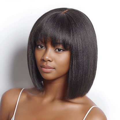 Glueless Yaki Straight Blunt Cut Bob with Bangs Wig Minimalist Lace Wig Beginner Friendly