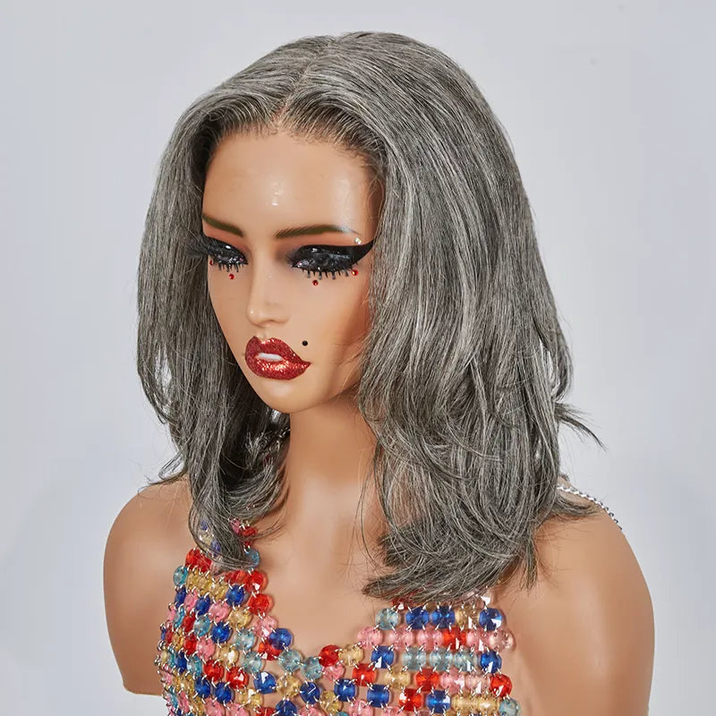 13x4 Glueless Layered Short Bob Salt &amp; Pepper Color Wig Wavy