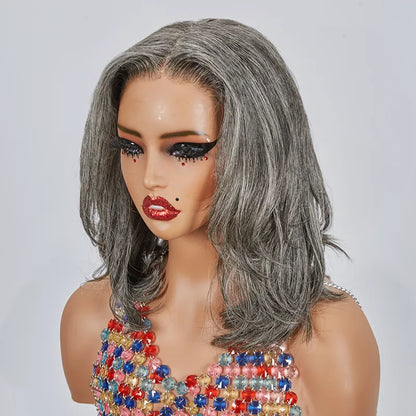 13x4 Glueless Layered Short Bob Salt &amp; Pepper Color Wig Wavy