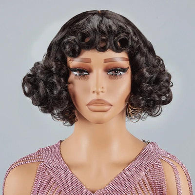 Glueless Fake Scalp Bob Wig Rose Curly 3s Wear Go Human Hair