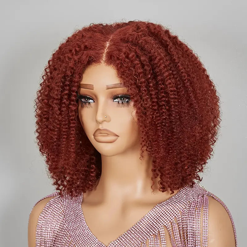 7x5 13x4 Glueless Bob Reddish Brown Pre-cut Lace Kinky Curly Wig