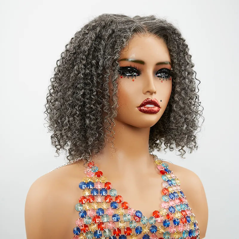 13x4 Glueless Elegant Kinky Curly Salt & Pepper Color Bob Wig
