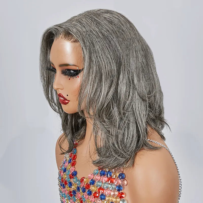 13x4 Glueless Layered Short Bob Salt & Pepper Color Wig Wavy