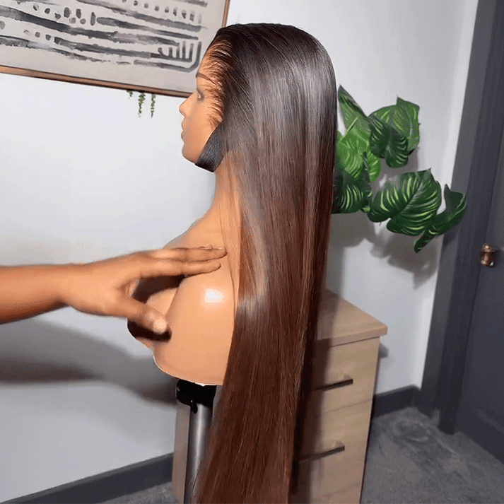 Perruque sans colle droites cheveux humains de couleur marron chocolat