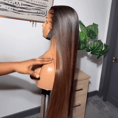Perruque sans colle droites cheveux humains de couleur marron chocolat