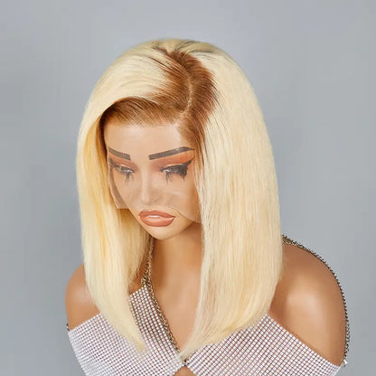 13x4 C Part Bob Brown Mix Blonde Lace Frontal Wig Straight Human Hair