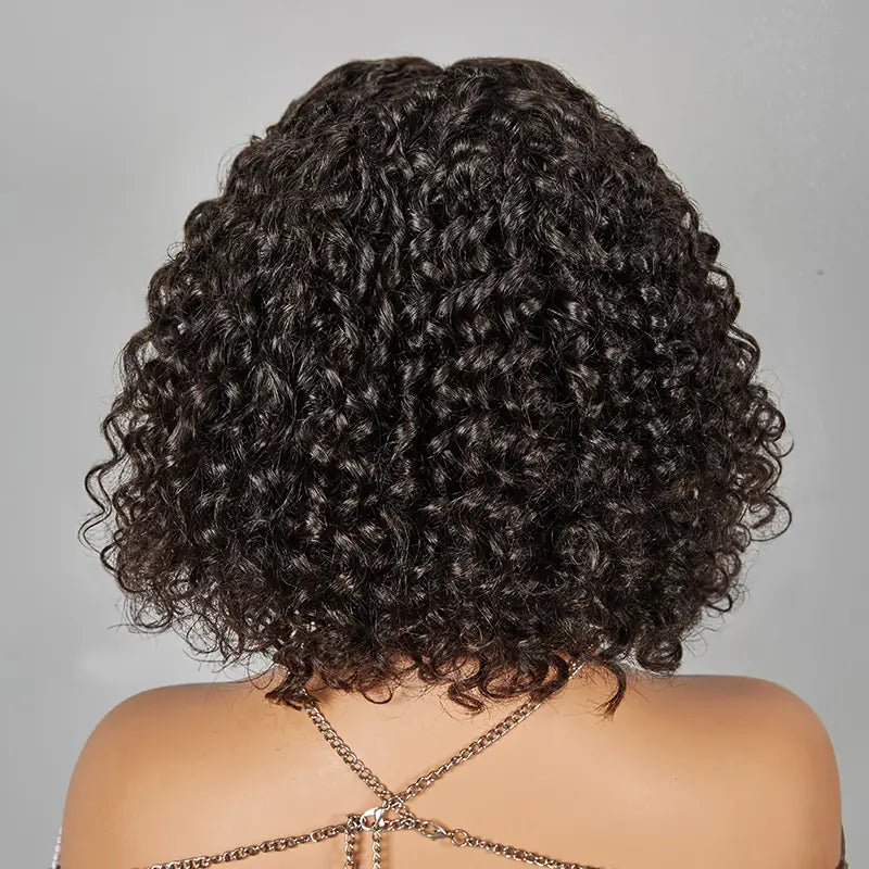 Glueless Bob Wig With Bouncy Bangs Water Curly Textured Human Hair