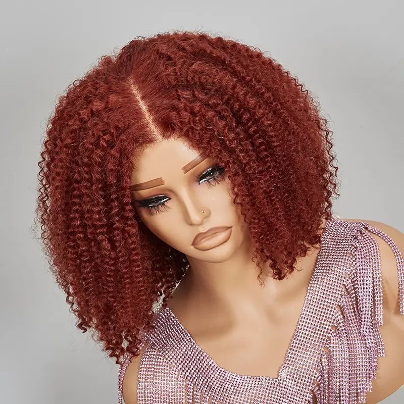 7x5 13x4 Glueless Bob Reddish Brown Pre-cut Lace Kinky Curly Wig