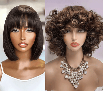 2 𝑭𝑶𝑹 $109🔥8&quot;Straight With Bangs Bob+8&quot;Silky Straight 2x6 Lace/Black Bouncy Curls/Afro Curl/Brown Bouncy Curls Wig