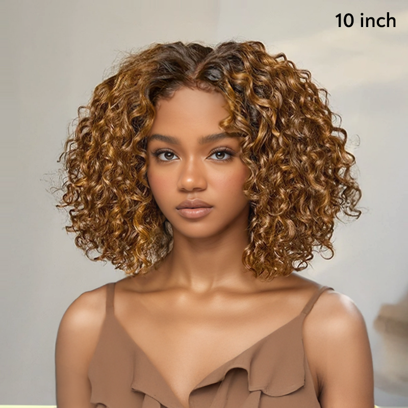 Perfect Volume Elasticity Glueless 4x4 Bob Highlights Ombre Brown/Black Color Curly Wig