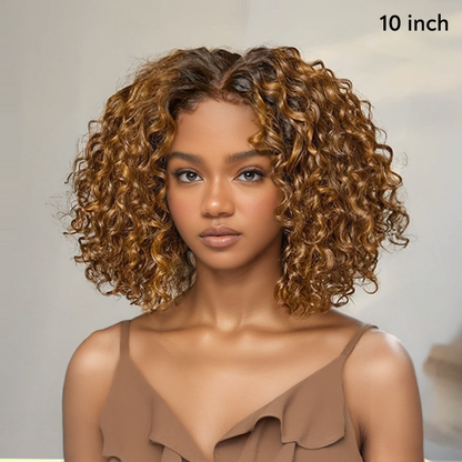 Perfect Volume Elasticity Glueless 4x4 Bob Highlights Ombre Brown/Black Color Curly Wig