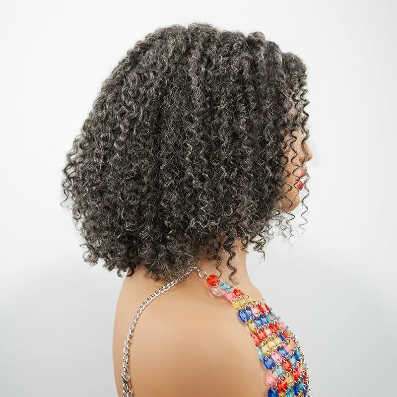 13x4 Glueless Elegant Kinky Curly Salt &amp; Pepper Color Bob Wig