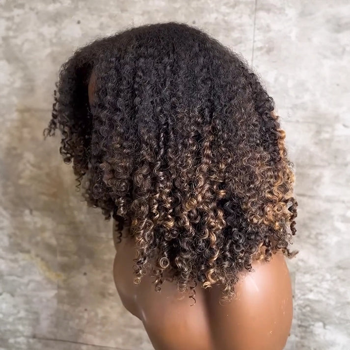 4x4 Glueless Brown Ombré 4C Edges Bob Wig with 250% Density Curly Hair