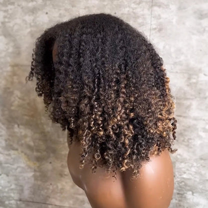 4x4 Glueless Brown Ombré 4C Edges Bob Wig with 250% Density Curly Hair