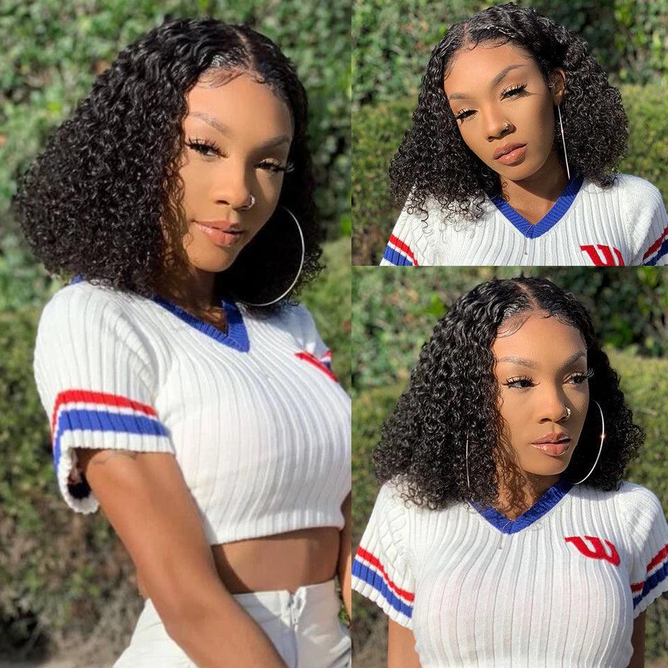 4x4/13x4 Lace Wig Short Curly Bob Wigs Human Hair Brazilian Deep Wave Middle Part - SHINE HAIR WIG