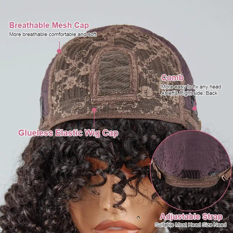 Glueless Bob Wig With Bouncy Bangs Water Curly Textured Human Hair