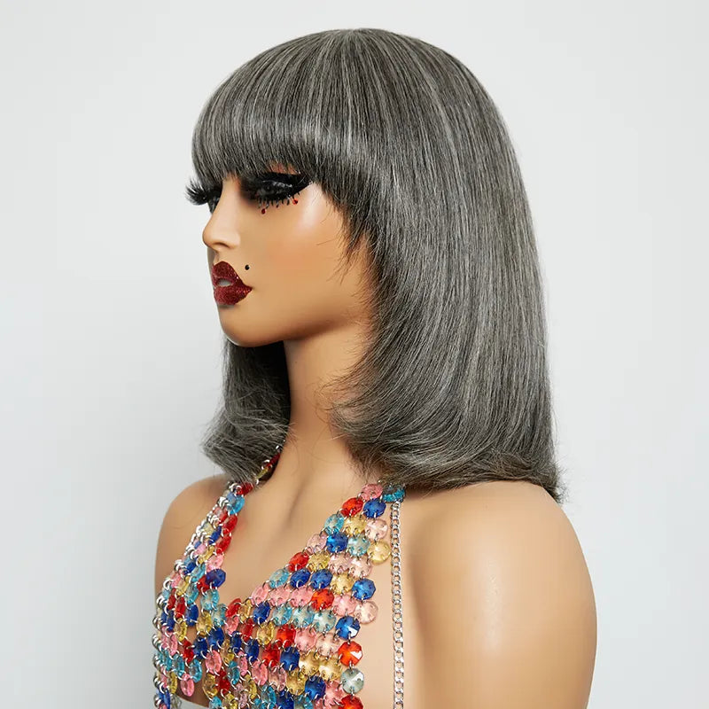 13x4 Glueless Layered Salt & Pepper Color Bob Wig Straight