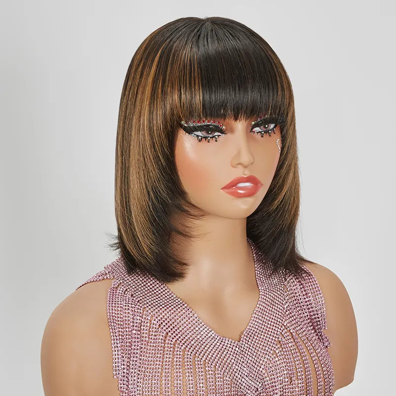 Glueless Layered Highlight Color Straight Bob Wig With Bangs